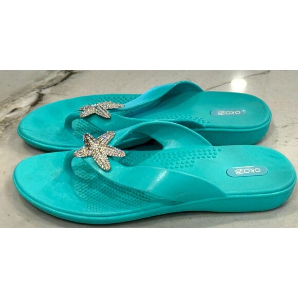 Oka-B Beach/Pool Flip Flops Comfort Flats/Teal/ M/L  8-9 Studded Starfish - Picture 7 of 9
